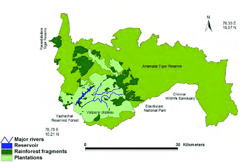 map of valparai plateau light green with rainforest fragments dark green and